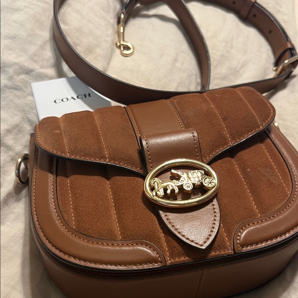 Coach Chestnut Brown Suede & Leather Crossbody with Gold Horse & Carriage Accent - Picture 2 of 12